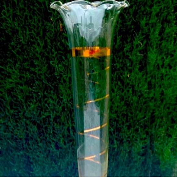 Antique Fine Art Ruffled Clear Glass Vase Original Vintage Tall Gold Flower Deco - Picture 6 of 7